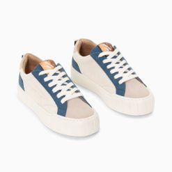 Vanessa Wu Sneakers | Baskets Fara Cotelees Beige Et Bleu A Lacets