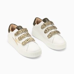 Vanessa Wu Sneakers | Baskets Eclair Lyanna Blanc Et Or A Scratchs Leopard Kaki