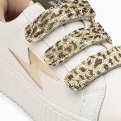 Vanessa Wu Sneakers | Baskets Eclair Lyanna Blanc Et Or A Scratchs Leopard Kaki