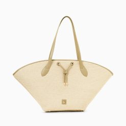 Vanessa Wu Sacs | Panier Oversize Vivienne En Raphia Beige A Details Kaki