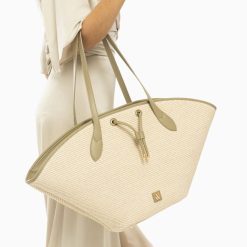 Vanessa Wu Sacs | Panier Oversize Vivienne En Raphia Beige A Details Kaki