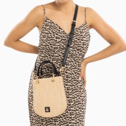 Vanessa Wu Sacs | Petit Sac Mounia En Raphia Beige A Details Noirs