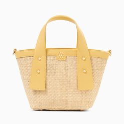 Vanessa Wu Sacs | Petit Panier Juliana En Raphia Beige A Details Jaunes