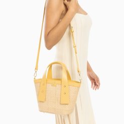 Vanessa Wu Sacs | Petit Panier Juliana En Raphia Beige A Details Jaunes