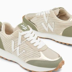 Vanessa Wu Sneakers | Baskets Monogramme Athenais Beige Et Kaki A Semelle Running