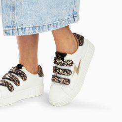 Vanessa Wu Sneakers | Baskets Eclair Daisy Blanc Et Or A Scratchs Leopard