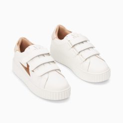 Vanessa Wu Sneakers | Baskets Eclair Kim Blanc Et Bronze Effet Velours A Scratchs