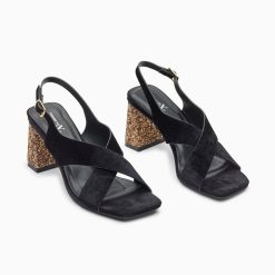 Vanessa Wu Sandales A Talon, Compensees | Sandales Milan Noires A Brides Croisees Et Talon Bronze Paillete