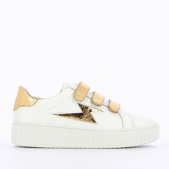 Vanessa Wu Sneakers | Baskets Eclair Jane Blanches En Cuir A Scratchs Or