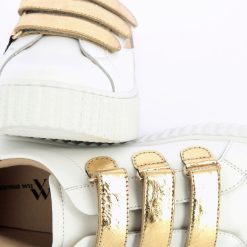 Vanessa Wu Sneakers | Baskets Eclair Jane Blanches En Cuir A Scratchs Or