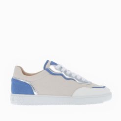 Vanessa Wu Sneakers | Baskets Enora En Toile Beige A Details Bleu Et Argent