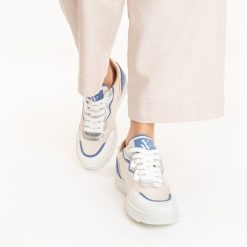 Vanessa Wu Sneakers | Baskets Enora En Toile Beige A Details Bleu Et Argent