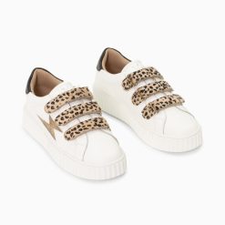 Vanessa Wu Sneakers | Baskets Eclair Maggie-Jane Blanc Et Or En Cuir A Scratchs Leopard