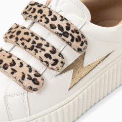 Vanessa Wu Sneakers | Baskets Eclair Maggie-Jane Blanc Et Or En Cuir A Scratchs Leopard