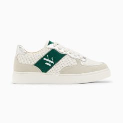 Vanessa Wu Sneakers | Baskets Monogramme Flavie Perforees Gris Et Vert A Lacets