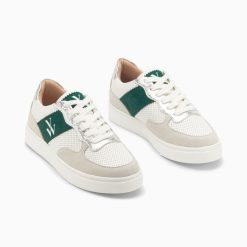 Vanessa Wu Sneakers | Baskets Monogramme Flavie Perforees Gris Et Vert A Lacets