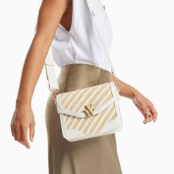 Vanessa Wu Sacs | Petit Sac Cartable Aline Blanc Et Beige Tresse