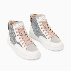 Vanessa Wu Sneakers | Baskets Montantes Gwen A Paillettes Argent Et Lacets Vieux Rose