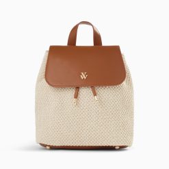 Vanessa Wu Sacs | Sac A Dos Myriam En Raphia Ecru Et Camel