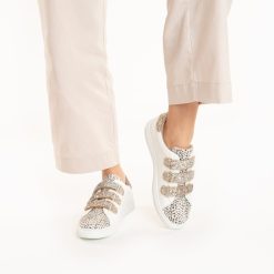 Vanessa Wu Sneakers | Baskets Nour Blanc Et Imprime Leopard A Scratchs Or