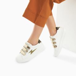 Vanessa Wu Sneakers | Baskets Eclair Salome Blanc Et Kaki A Scratchs Or