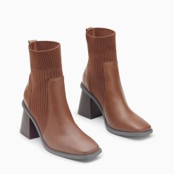 Vanessa Wu Bottines | Bottines Chaussettes Jinger Marron A Talon Trapeze