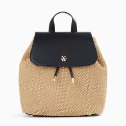 Vanessa Wu Sacs | Sac A Dos Myriam En Raphia Beige Et Noir