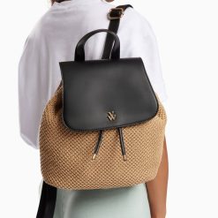 Vanessa Wu Sacs | Sac A Dos Myriam En Raphia Beige Et Noir