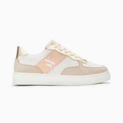 Vanessa Wu Sneakers | Baskets Monogramme Flavie Perforees Gris Et Rose A Lacets