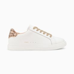 Vanessa Wu Sneakers | Baskets Steph Blanc Et Imprime Guepard A Lacets Beiges