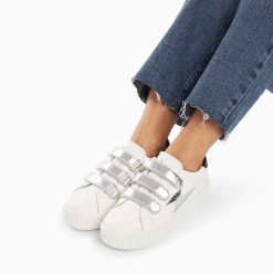 Vanessa Wu Sneakers | Baskets Eclair Jane Blanches En Cuir A Scratchs Argent