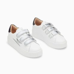 Vanessa Wu Sneakers | Baskets Eclair Jane Blanches En Cuir A Scratchs Argent