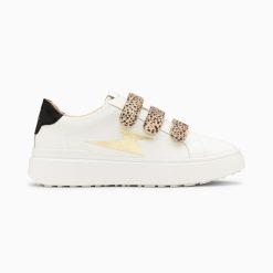 Vanessa Wu Sneakers | Baskets Eclair Salome Blanc Et Or A Scratchs Guepard