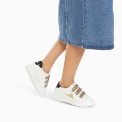 Vanessa Wu Sneakers | Baskets Eclair Salome Blanc Et Or A Scratchs Guepard