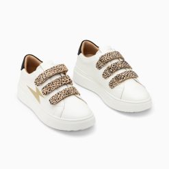 Vanessa Wu Sneakers | Baskets Eclair Salome Blanc Et Or A Scratchs Guepard