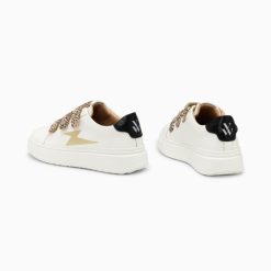 Vanessa Wu Sneakers | Baskets Eclair Salome Blanc Et Or A Scratchs Guepard