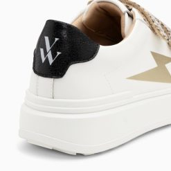 Vanessa Wu Sneakers | Baskets Eclair Salome Blanc Et Or A Scratchs Guepard