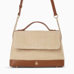 Vanessa Wu Sacs | Sac Cartable Lisa En Raphia Beige A Details Camel