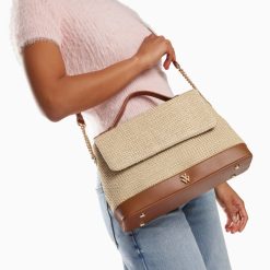 Vanessa Wu Sacs | Sac Cartable Lisa En Raphia Beige A Details Camel