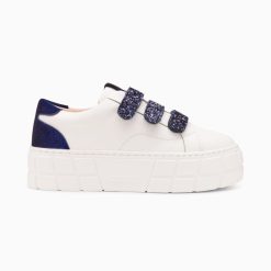 Vanessa Wu Sneakers | Baskets Monica Blanc Et Bleu Marine A Scratchs Glitter Et Plateforme