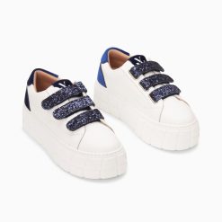 Vanessa Wu Sneakers | Baskets Monica Blanc Et Bleu Marine A Scratchs Glitter Et Plateforme