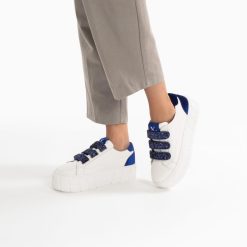 Vanessa Wu Sneakers | Baskets Monica Blanc Et Bleu Marine A Scratchs Glitter Et Plateforme