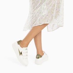 Vanessa Wu Sneakers | Baskets Eclair Willow Blanc Et Kaki Effet Miroir A Scratchs