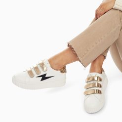 Vanessa Wu Sneakers | Baskets Eclair Darine Blanc Et Guepard A Scratchs Or