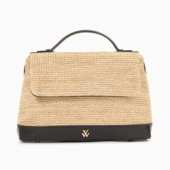 Vanessa Wu Sacs | Sac Cartable Katie En Raphia Beige A Details Noirs