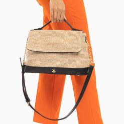 Vanessa Wu Sacs | Sac Cartable Katie En Raphia Beige A Details Noirs