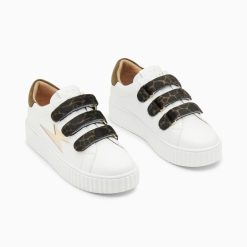 Vanessa Wu Sneakers | Baskets Eclair Thais Blanc Et Or A Scratchs Kaki