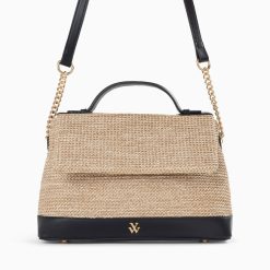 Vanessa Wu Sacs | Sac Cartable Lisa En Raphia Beige A Details Noirs