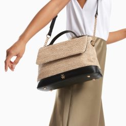 Vanessa Wu Sacs | Sac Cartable Lisa En Raphia Beige A Details Noirs